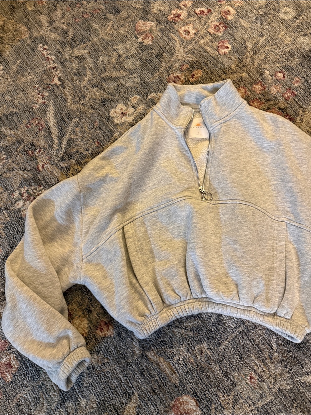Lazy Sunday Cropped Light Gray Quarter-Zip Women's Sweater